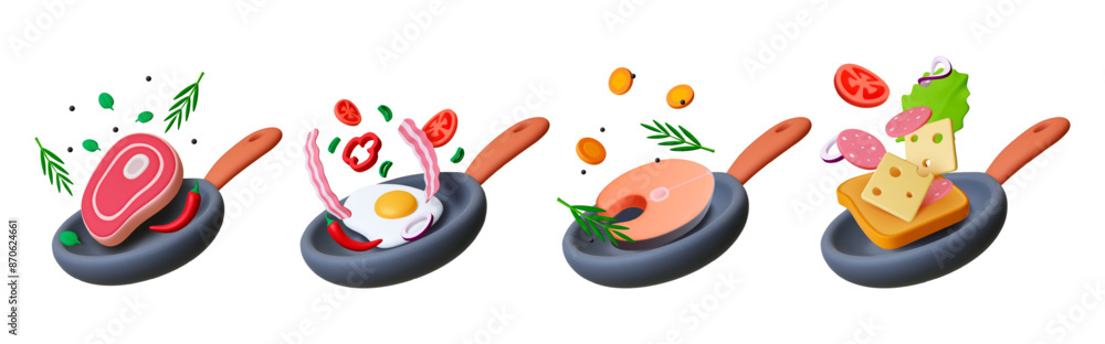 Canvas Prints frying pan 3d element. fry meat fish eggs and toast. cooking breakfast lunch or dinner. salmon steak