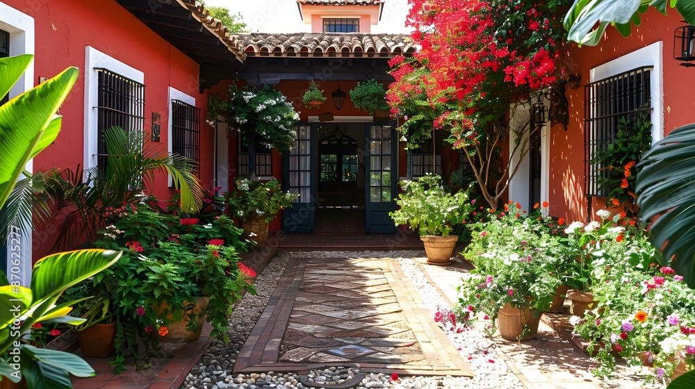 Poster Courtyard with flowers and plants