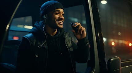 Smiling african american truck driver making a video call from the cabin of his vehicle