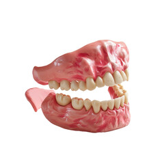 Obraz premium A detailed close-up of a set of dentures, showcasing the teeth and gums on a white background. Ideal for dental health and care concepts.