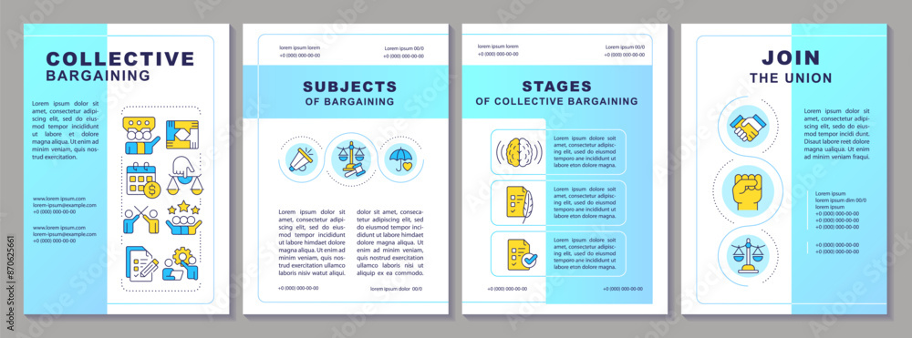 Wall mural Collective bargaining organization brochure template. Leaflet design with linear icons. Editable 4 vector layouts for presentation, annual reports. Arial-Black, Myriad Pro-Regular fonts used - Wall murals