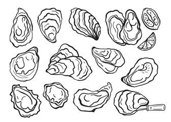 Hand drawn black and white oysters set. Design for menu, packaging, restaurants and catering