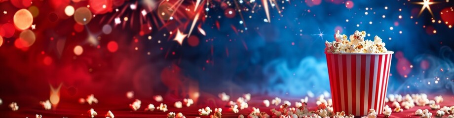 A popcorn bucket on a red and blue background with sparkles, movie night wallpaper with copy space