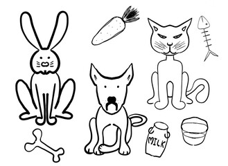 Line drawing of dog, cat, rabbit