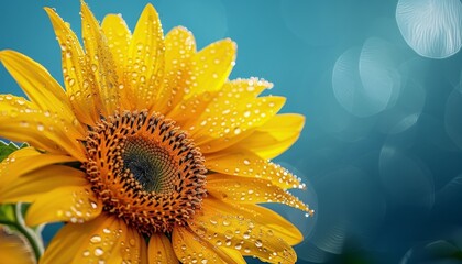 A close-up shot of a blooming sunflower with dew drops on its petals, against a clear blue sky