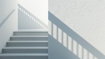 An angled shadow from a staircase railing, gracefully descending a white wall, evoking a sense of depth and movement.