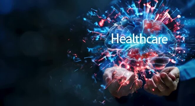 A doctor holding an exploding digital brain with the word healthcare showing medical technology and innovation cinematic concept