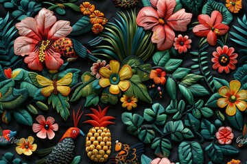Fototapeta premium Seamless Mexican-Inspired Pattern with Tropical Birds and Jungle Animals