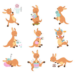 Fototapeta premium Cartoon kangaroo. Cute kangaroo activities, reading play ball boxing and gardening. Wild australian animal sleeping and drink coffee, nowaday vector characters