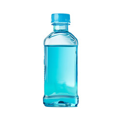 Blue plastic bottle filled with liquid, standing upright. Isolated on transparent background, perfect for product, healthcare, or hydration concept.