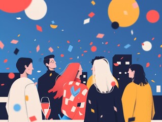 Festive Fun at Rooftop Party: Vibrant 2D Flat Illustration of Friends Celebrating with Confetti