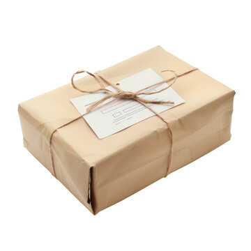 A neatly wrapped brown package tied with twine and a label, perfect for themes of shipping, delivery, and gift-giving.