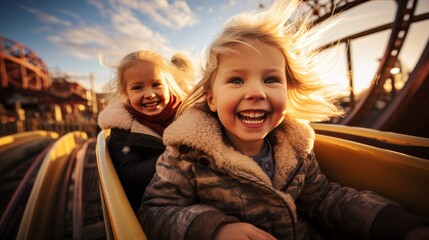 Young girls delightfully riding rollercoaster at amusement park, filled with joy and laughter