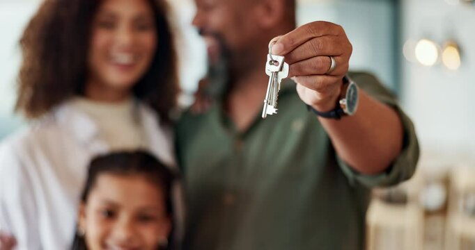 Family, keys and new home with face, love and real estate investment with excited people together, Moving, opportunity and property deal with child and parents with support, care and fresh start