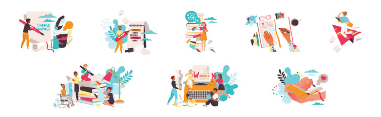 Naklejka premium People Characters Working with Text Typewriting Vector Set