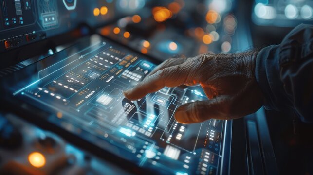 an engineer hand with a blurred hand adjusting settings on a tablet that controls a fully automated logistics system, Robotic process automation.