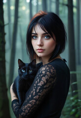 young woman with dark hair wearing a black dress holding a black cat in the forest