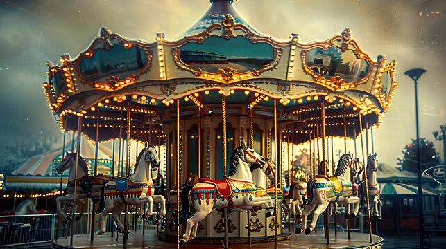 old carousel with horses with vintage effect. childhood memories and nostalgia concept.&nbsp;