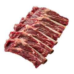 Obraz premium Fresh raw beef ribs isolated on transparent background, perfect for grilling or slow cooking, showcasing natural marbling and texture.