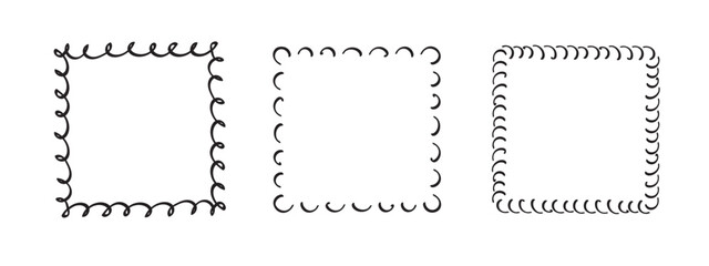 Square doodle frames,hand-drawn monograms.Edgings and cadres with simple sketchy design elements.Isolated. Vector illustration.