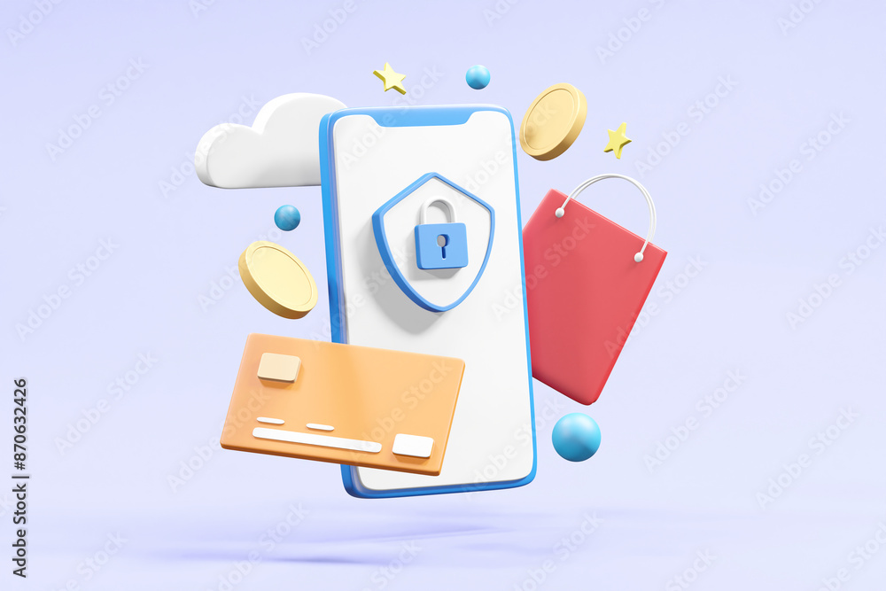 Poster a detailed 3d render illustrating the security and convenience of digital payments with floating ele