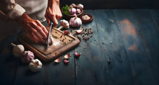 Manos de chef cortando ajo sobre una tabla en un fondo neutro. 