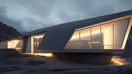 
ChatGPT
Nestled amidst the rugged Rocky Mountains, a futuristic trapeze building rises against the winter evening sky. Its sleek, glass exterior catches the last rays of the setting sun, casting a me