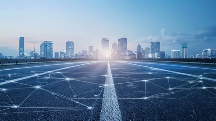 Modern city and empty asphalt floor with smart wireless communication network concept