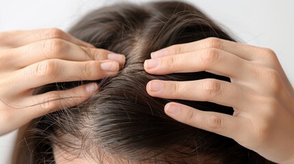 Naklejka premium Close-up of a Woman's Hands Touching Her Hair