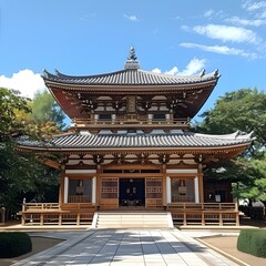 Fototapeta premium A photo of a Japanese temple with a blue sky in the background