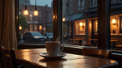 Illustration of a cozy coffee shop scene where a steaming cup of coffee is the focal point, surrounded by warm lighting, wooden furniture, and a rainy day visible through the window