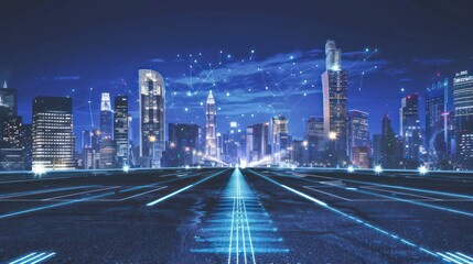 Modern city and empty asphalt floor with smart wireless communication network concept