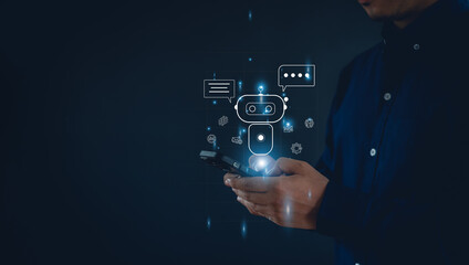 Artificial Intelligence. Chatting with an intelligent ai asks for the answers he wants.Business, modern technology, internet and networking concept.ChatGPT with AI.