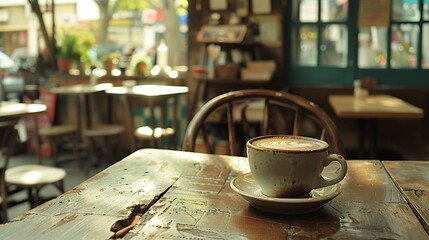 Coffee Cup on a Wooden Table in a Cafe