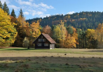 Obraz premium Wooden cabin in autumn forest