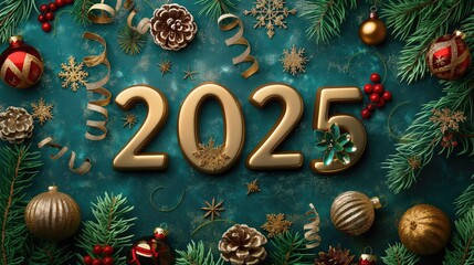3D Chrome Metallic Golden number "2025" surrounded by Christmas decorations, ornaments on a royal green background. Christmas festive atmosphere in detail
