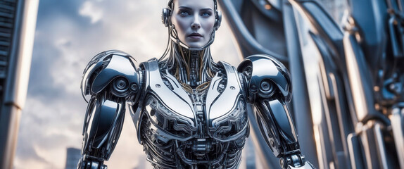 A futuristic, metallic female android stands amidst a cityscape, bathed in the cool light of a cloudy day. Her intricate robotic design and intense gaze hint at a complex story