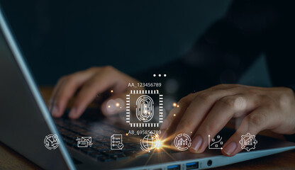 Businessmen Fingerprint scanning and biometric authentication,Internet security and data protection concept.Cyber security network and fingerprint identification to access data.