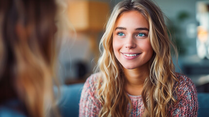 Obraz premium A young woman with long blonde hair and blue eyes smiles brightly while engaged in a conversation with another person