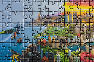 A giant puzzle forming the backdrop, with each piece representing a key aspect of the scene