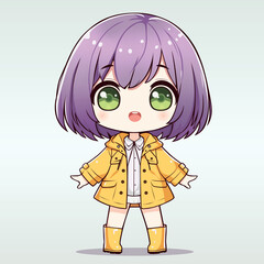 Cartoon cute girl with purple hair and yellow raincoat