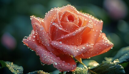 A close-up shot of a delicate pink rose in full bloom, with dew drops glistening on its petals in the early morning light