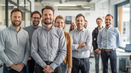 A group of smiling business professionals stand together in a modern office setting, showcasing a sense of unity and success