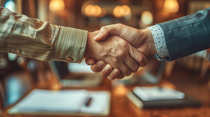 Two people shake hands in a dimly lit office, showcasing a moment of agreement and partnership