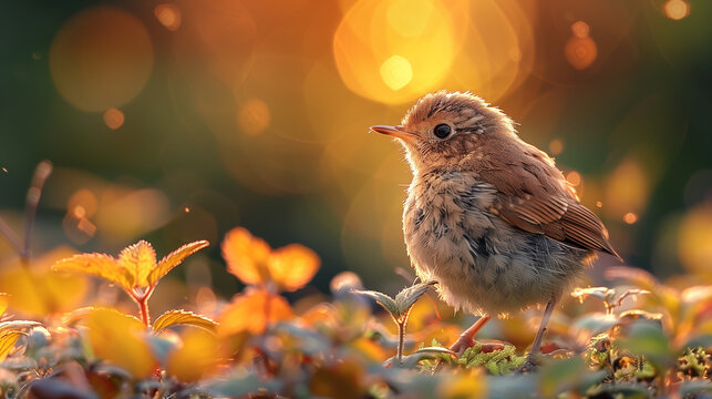 A small, brown bird with a bright eye sits on a branch amidst a field of golden leaves, bathed in the soft, warm light of the setting sun - Powered by Adobe