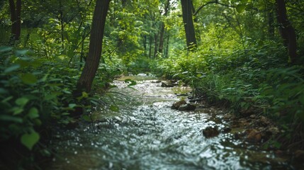Obraz premium A gentle stream flowing through a dense forest, representing life's journey and persistence.