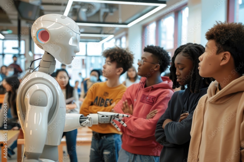 Poster a futuristic classroom with a robot assistant and diverse group of students learning from a human in