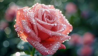 A close-up shot of a delicate pink rose in full bloom, with dew drops glistening on its petals in the early morning light