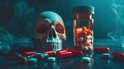 The Dark Side of Pills: A Skull, Pills, and Smoke