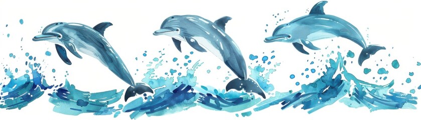 Obraz premium Watercolor illustration of dolphins jumping through waves, showcasing vibrant ocean life and dynamic marine scenery.